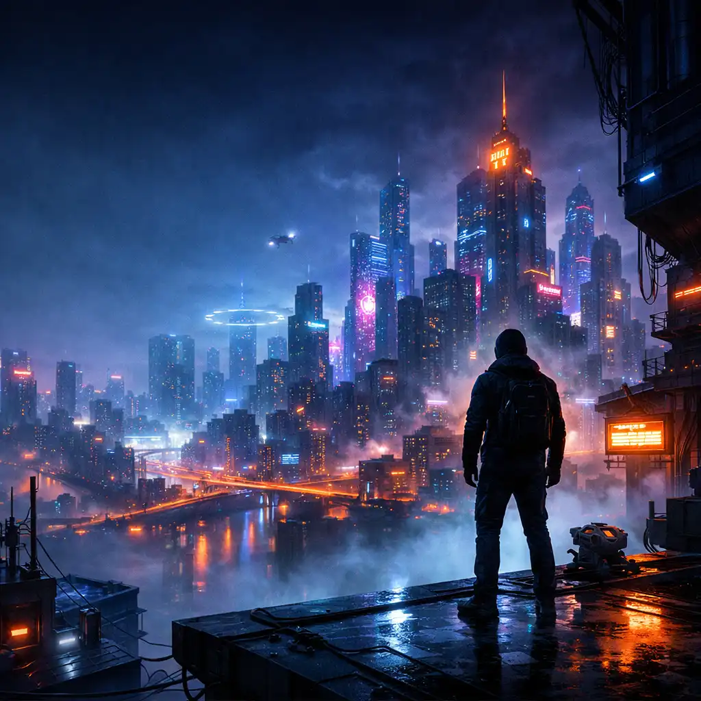 Futurystyczne miasto nocą z neonami
