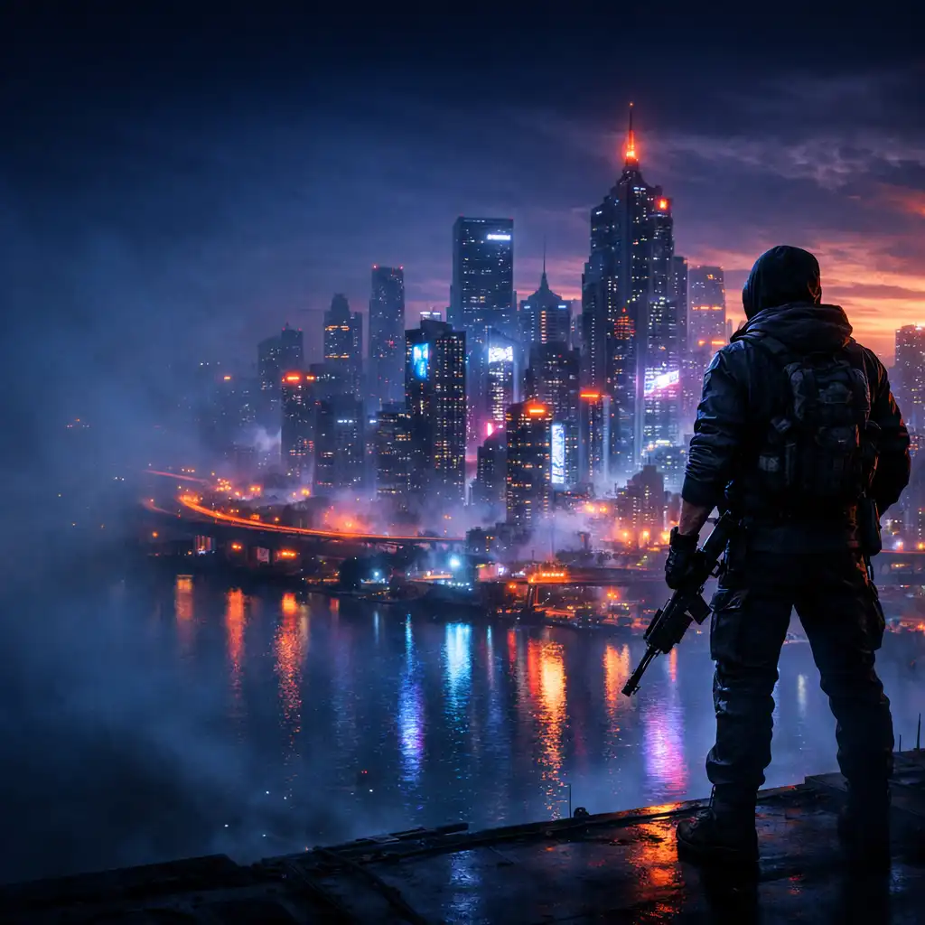 Cinematiczna scena gry z futurystycznym miastem